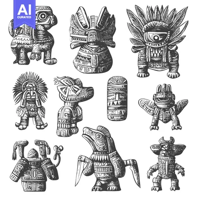 Premium design asset: Collection of Detailed Hand-Drawn Aztec Figurines