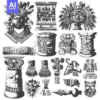 Aset premium populer: Collection of Detailed Hand-Drawn Mayan Artifacts and Symbols