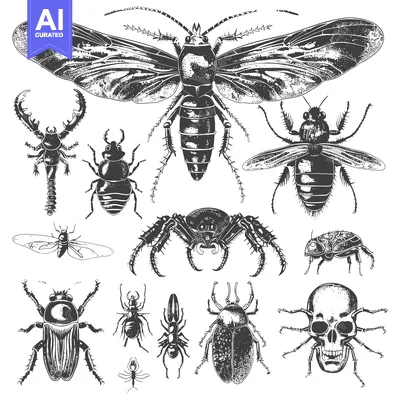 Premium design asset: Collection of Detailed Insect Illustrations in Black and White