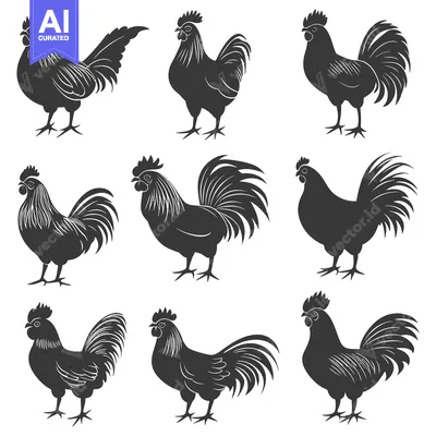 Premium design asset: Collection of Detailed Rooster Silhouettes in Black and White
