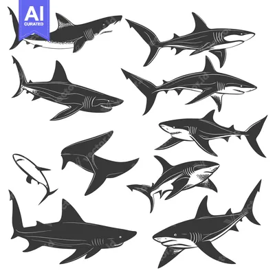 Aset premium populer: Collection of Detailed Shark Silhouettes in Various Poses