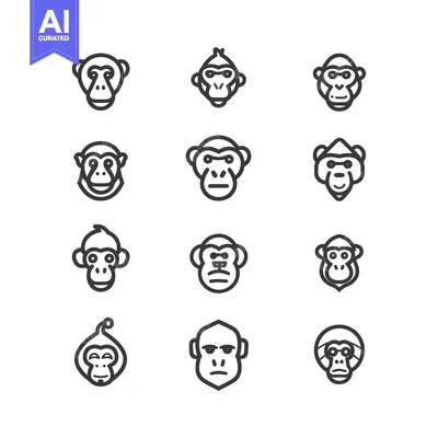 Aset desain premium: Collection of Different Monkey Faces Illustrated as Outline Icons