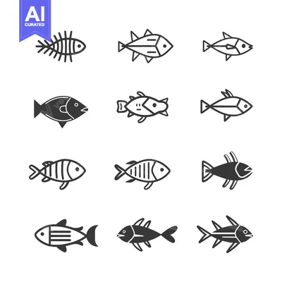 Aset desain premium: Collection of Different Types of Fish Illustrated as Simple Line Art