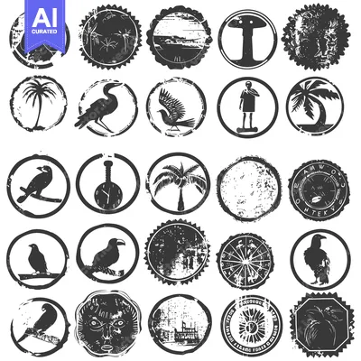Aset desain premium: Collection of Distressed Circular Stamps with Diverse Designs