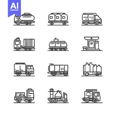 Aset desain premium: Collection of various transportation vehicles in line art style.