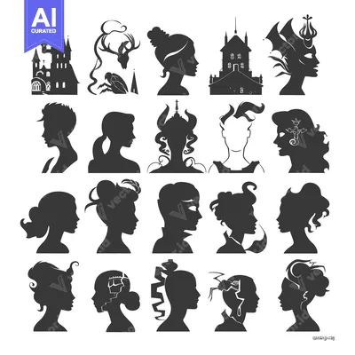 Aset premium populer: Collection of Diverse Female Silhouettes with Unique Hairstyles and Ac