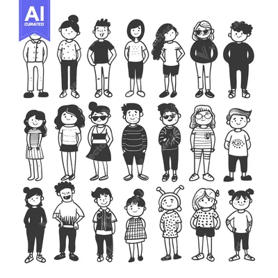 Aset desain premium: Collection of Diverse Hand-Drawn Cartoon Children in Casual Outfits