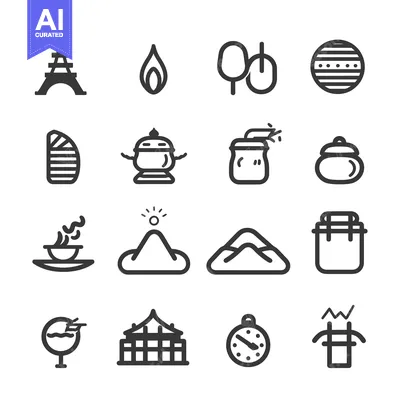 Aset desain premium: Collection of Diverse Line Art Icons with Various Themes