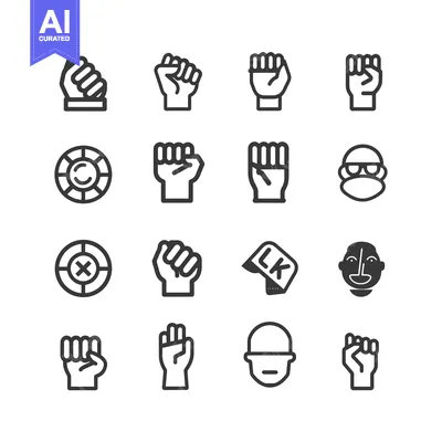 Premium design asset: Collection of Diverse Line Icons, Including Fists, Symbols, and Faces