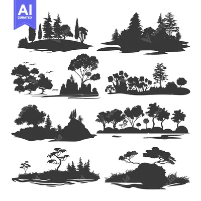 Aset desain premium: Collection of Diverse Tree Silhouettes with Landscapes
