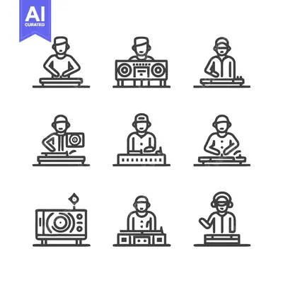Aset desain premium: DJ Icons - Set of Line Art Illustrations for Music and Entertainment.