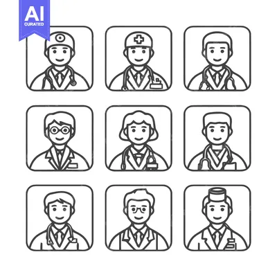 Aset premium populer: Medical professionals in various roles, line art illustrations.