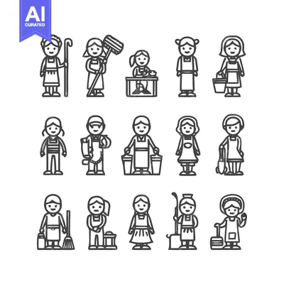 Aset desain premium: Line Art Cleaning Crew - Diverse Illustrations of Housekeeping Workers