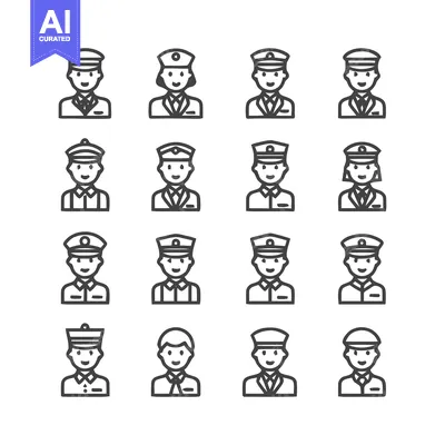 Premium design asset: Collection of various people icons with hats and uniforms in line art