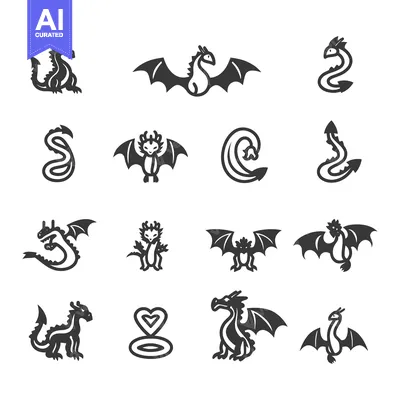 Aset desain premium: Collection of Dragon Silhouettes with Varying Poses and Styles