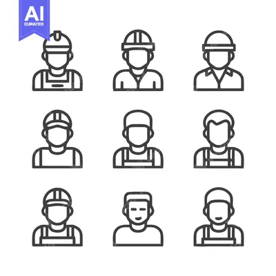 Aset premium populer: Construction Workers Icons - Diverse Line Art Illustrations for Variou