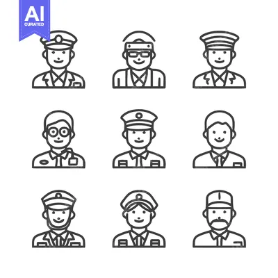 Aset desain premium: Diverse Collection of Professional Portraits in Uniforms and Hats.