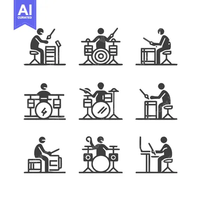 Premium design asset: Drummer playing drum set in various positions, vector icons.