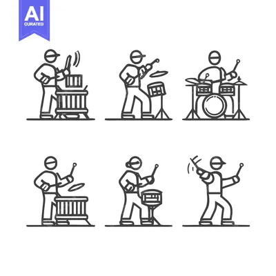 Aset desain premium: Line art illustrations of drummers playing various percussion instrume