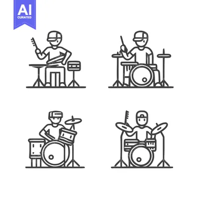 Aset desain premium: Drummer playing drums in different positions, line art illustration.