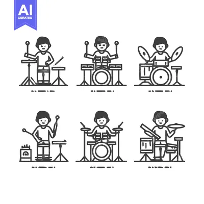 Aset premium populer: Drummer playing drum set in different positions.
