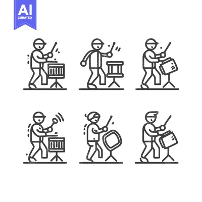 Aset desain premium: Drummers playing drums with sticks in various poses.