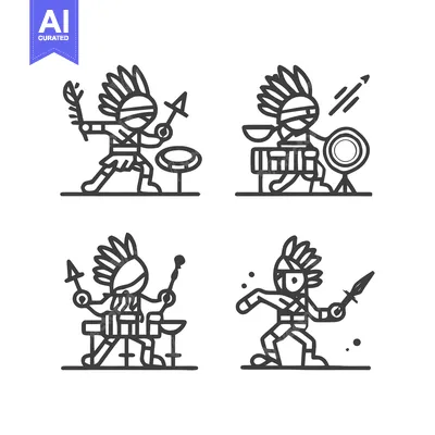 Premium design asset: Native American Warriors in Action with Weapons and Drums.