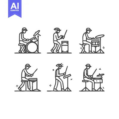 Aset desain premium: Minimalist Drummer Illustrations - A Set of Six Line Art Musicians.