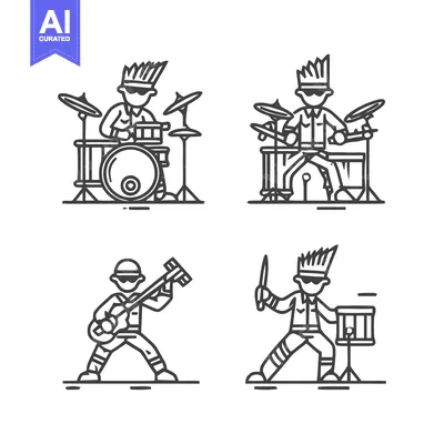 Aset desain premium: Line art illustrations of musicians playing instruments in a band.