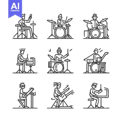 Aset premium populer: Musical Instruments and Musicians in a Line Art Style.