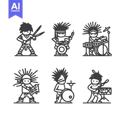 Aset desain premium: Rock Band Musicians Playing Instruments in Minimalist Style.