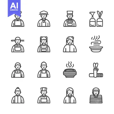Aset premium populer: Diverse Culinary Professionals and Food-Related Icons.