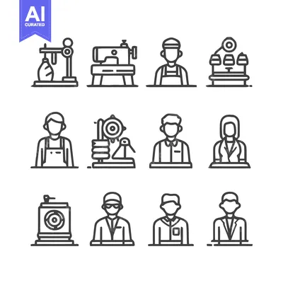Aset premium populer: Collection of various line art icons depicting different professions a