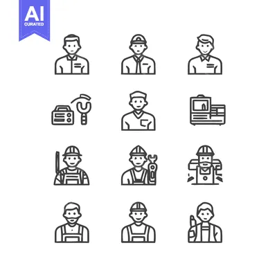 Aset desain premium: Diverse Line Art Icons Depicting Various Professions and Occupations.
