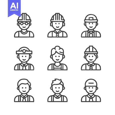 Aset desain premium: Construction Workers - Diverse Lineup of Professionals in Hard Hats.