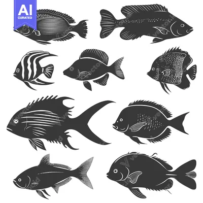 Aset premium populer: Collection of Eight Black and White Fish Silhouettes