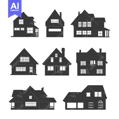 Aset premium populer: Collection of Eight Black and White House Silhouettes
