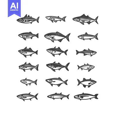 Aset premium populer: Collection of Eighteen Black and White Fish Illustrations