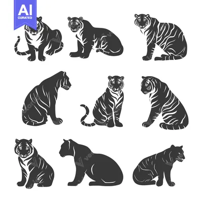 Aset premium populer: Collection of Eight Silhouettes of Sitting Tigers