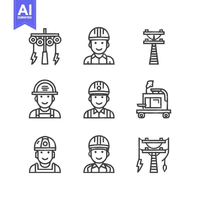 Electrical Workers and Power Infrastructure Icons Set.
