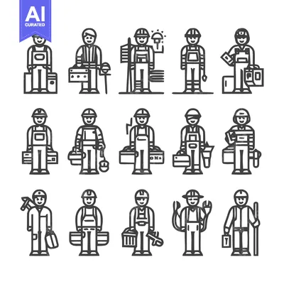 Aset premium populer: Collection of various construction workers in different poses and tool