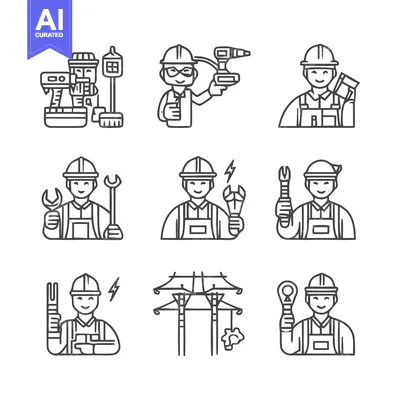 Popular premium asset: Electrical worker icons set, electrician tools and equipment.