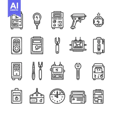 Aset premium populer: Collection of Electrical Tools and Equipment Icons.