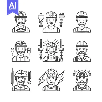 Aset premium populer: Diverse Line Art Illustrations of Construction Workers and Electrician