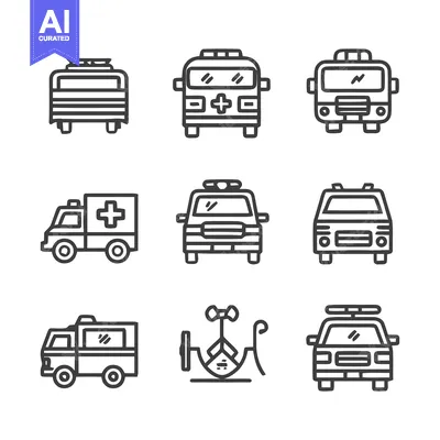 Emergency Vehicles - Ambulance, Fire Truck, Police Car Icons.
