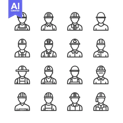 Aset premium populer: Construction worker icons set, various professions, outline style, sim