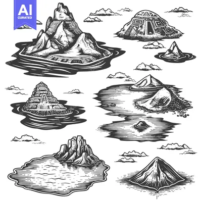 Aset desain premium: Collection of Engraved Illustrations of Mysterious Islands with Ancien