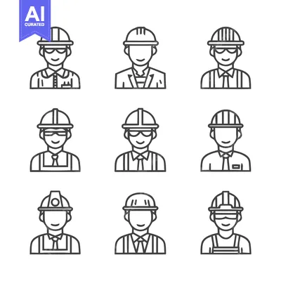 Aset desain premium: Construction Workers - Diverse Lineup of Professionals in Hard Hats.