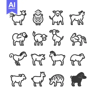 Aset desain premium: Collection of Farm Animal Icons in Black and White