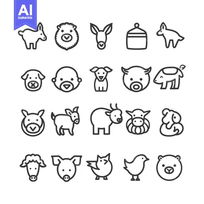 Aset premium populer: Collection of Farm Animals and Birds Line Icons